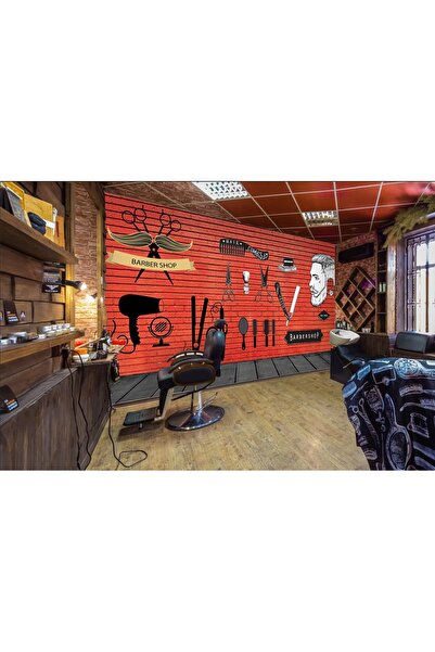 poster marketi Kırmızı Tuğla Desenli Barber Shop Duvar Kağıdı - Erkek Kuaför ...