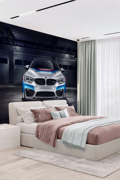 poster marketi Gri Mavi BMW Spor Araba Garaj Temalı Duvar Kağıdı