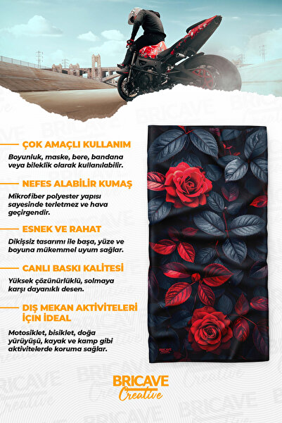 Bricave Tekli Kırmızı Gül Desenli Motosiklet Bandana Boyunluk Maske