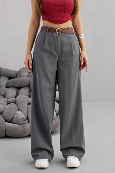 BİKELİFE Women's High Waist Belt Detailed Elastic Waist Loose Palazzo Fabric Trousers