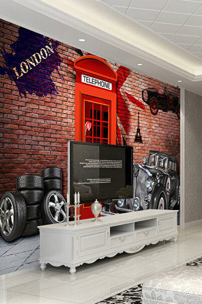 poster marketi London Temalı Vintage Araba ve Telefon Kulübesi Duvar Kağıdı