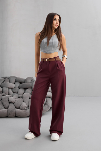 BİKELİFE Women's High Waist Belt Detailed Elastic Waist Loose Palazzo Fabric Trousers