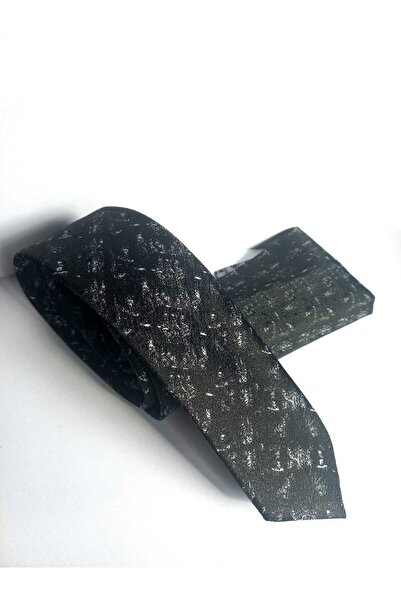 Kravatistan Black Patterned Thin Tie and Handkerchief Set