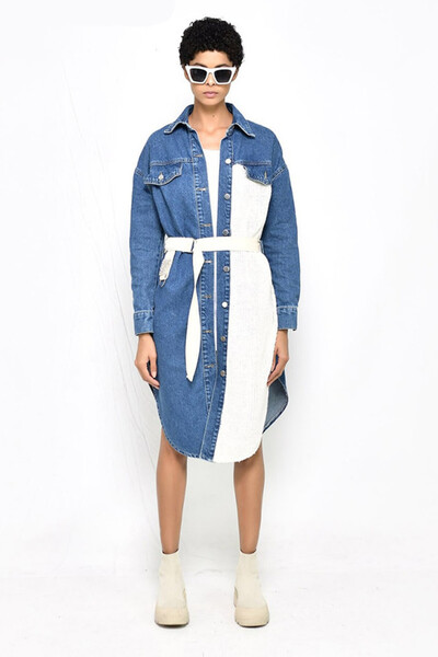 FashionForYou Φόρεμα Vivole, τζιν, κλείσιμο με κουμπιά, κορδόνι στη μέση, δίχρωμο