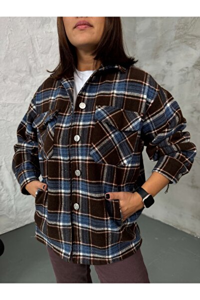 Elif Özbey Butik Кафяво джобно сако с детайли от тартан