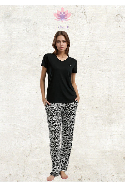 Loule Γυναικεία Ρούχα Κοντό μανίκι με λαιμόκοψη σε σχήμα V Μαύρο Σετ Πιτζάμες...