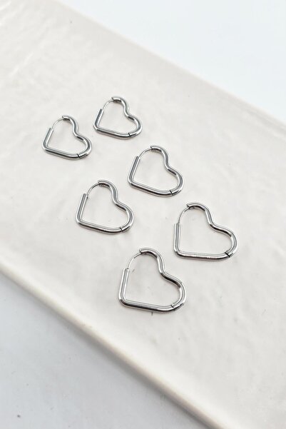 By Zeyna Aksesuar Women's 316 L Stainless Steel Anti Allergenic 3 Sizes Set of 6 Heart Shaped Geometric Earrings