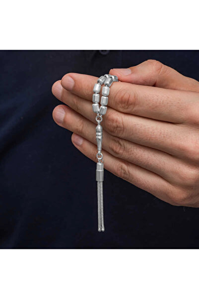 Gumush Silver Capsule Cut Striped Men's Prayer Beads