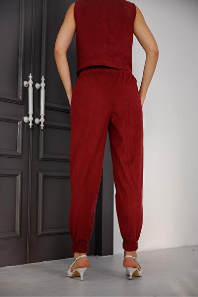 EsSo butik Women's Corduroy Pocketed Elastic Waist Jogger Pants