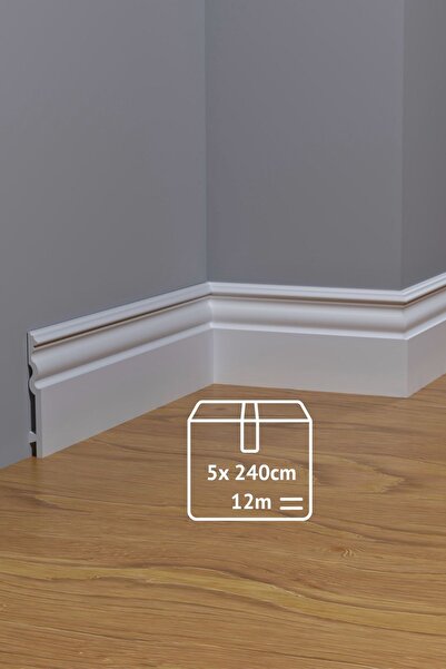 Evime Decor 15 cm Beyaz Süpürgelik Profili, Polimer Ev Duvar Zemin Dekorasyonu 5 adet Toplam 12m