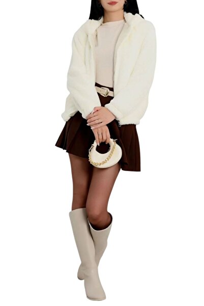 ysrozrgyim Women's Ecru Rabbit Fur Look Coat