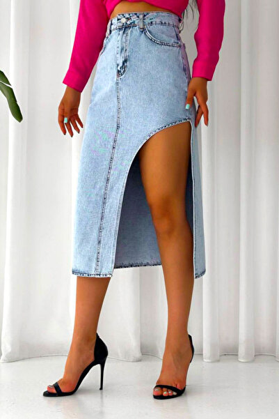 FashionForYou Denim skirt, Kasy, with front/back pockets and side slit, Light blue, XS