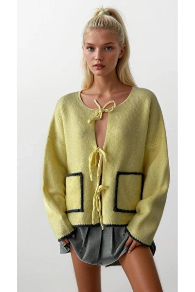 yeditepe fashion Colorful Pocketed Lace-Up Yoshiko Knitwear Cardigan