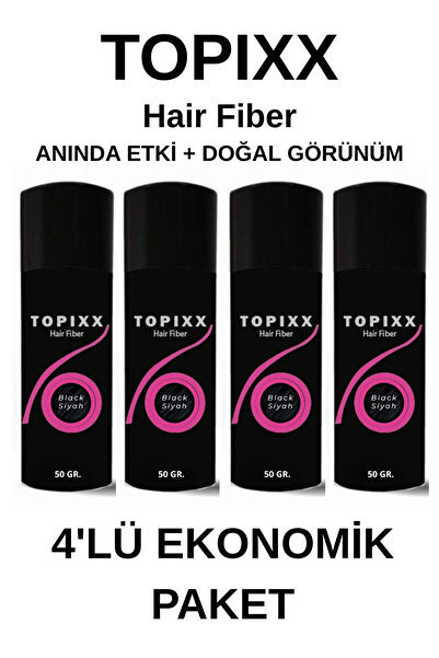 topixx hair fiber 50 Gr. 4'lü Ekonomik Set Saç Tozu Siyah/Black Saç Dolgunlaş...
