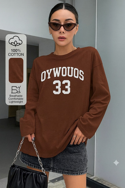 Keywest Women's Crew Neck Oywouos Printed Oversize 100% Cotton Long Sleeve T-Shirt