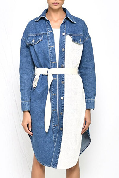 FashionForYou Φόρεμα Vivole, τζιν, κλείσιμο με κουμπιά, κορδόνι στη μέση, δίχρωμο