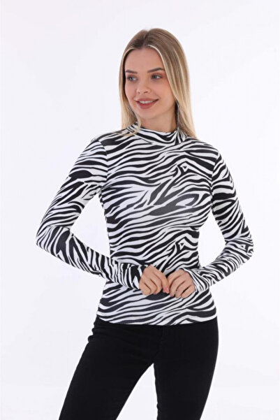 FashionForYou Bluză Bella scurtă, decolteu rotund, model Zebră, L