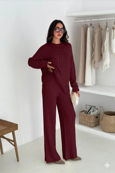 Lovely butik Hair Braid Patterned Knitwear Sweater and Loose-Leg Pants Double Set