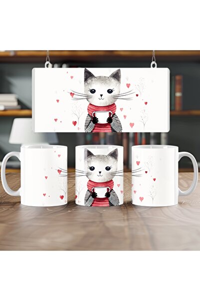 Beramussa Cute Cat Figured Mug - Heart Detailed Cup - Gift for Lover