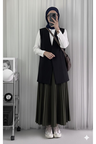 Blue Morpho Leather Look Elastic Waist Long Pleated Skirt