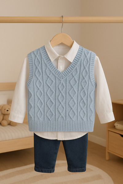 Nimini Kids Preschool Nursery Kindergarten V-Neck Diamond Pattern Knitwear Baby Boy Children's Sweater (0-5 Years Old)
