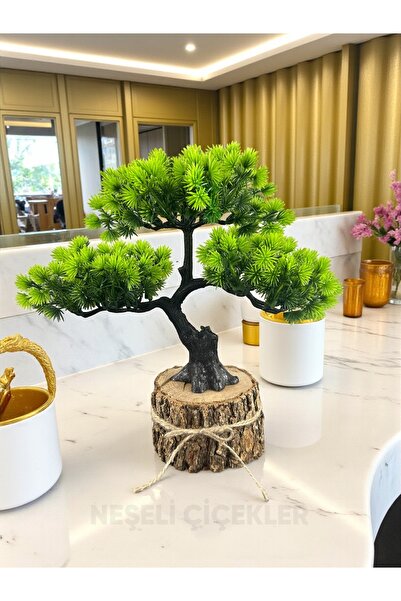 NEŞELİ ÇİÇEKLER Yapay Bonsai Ağaç Dekoru Doğal Kütük Tabanlı 30 cm Mini Ağaç Bohem Ev Dekorasyon Masa Üstü Dekor