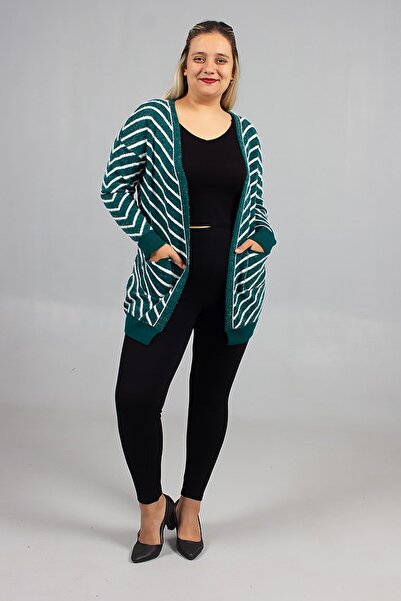Truva XXL Eye-Catching Green Striped Bearded Knitwear Cardigan Elevate Your Standard Style with Energy!
