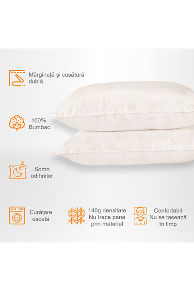 Pernador Set of 2 goose down and feather pillows, 70x70 cm, White with silver roses