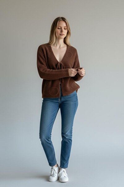 trivvy Women's Bearded Embossed Patterned Front Tie Cardigan Jacket