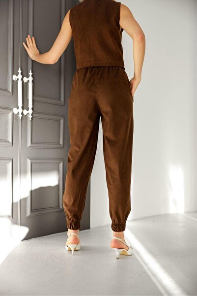 EsSo butik Women's Corduroy Pocketed Elastic Waist Jogger Pants