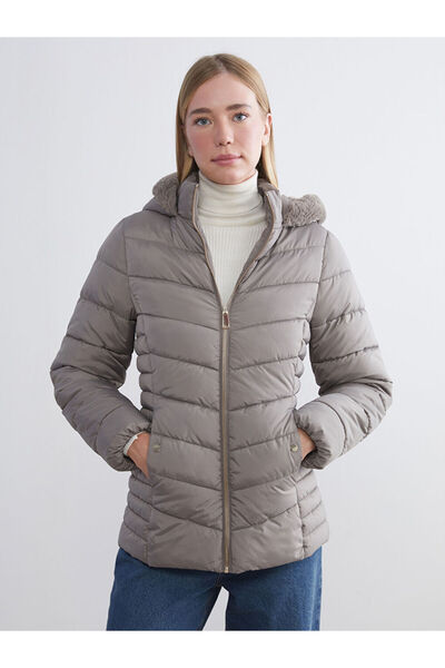 LC Waikiki Brown Fur Hooded Women's Puffer Coat