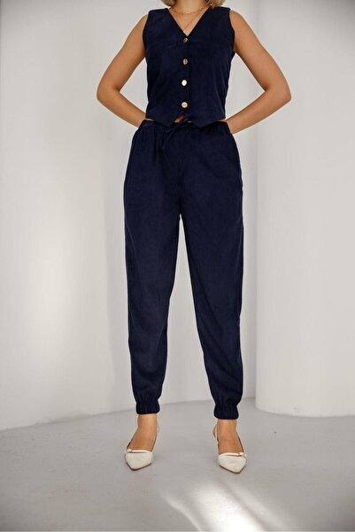 EsSo butik Women's Corduroy Pocketed Elastic Waist Jogger Pants