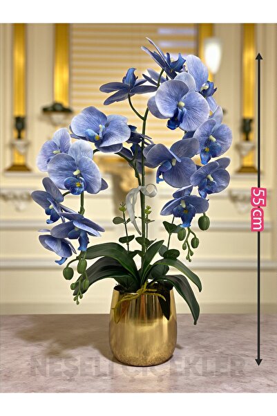 NEŞELİ ÇİÇEKLER Yapay Çiçek Islak Orkide Mavi 2 Dallı Gold Metal Saksıda 55 cm Dekoratif Hediye Salon Çiçeği