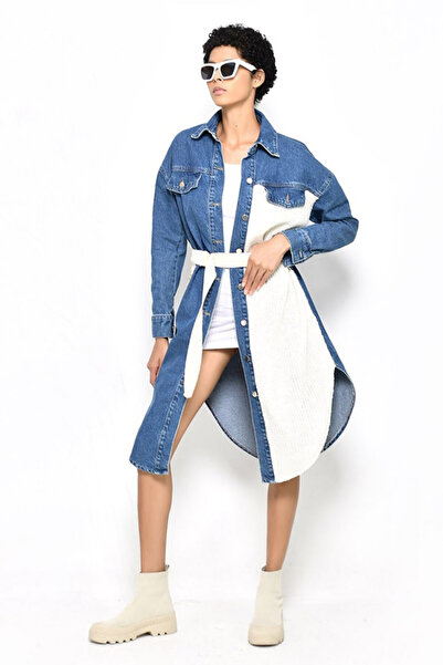 FashionForYou Φόρεμα Vivole, τζιν, κλείσιμο με κουμπιά, κορδόνι στη μέση, δίχρωμο