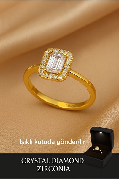 Crystal Diamond Zirconia 14 ayar altın kaplama 0.99 karat baget yüzük