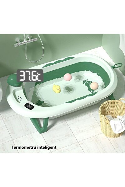LEIBOO Bathtub with Thermometer and Support Cushion Included, Foldable, Plastic, 82 cm x 49 cm x 22 cm, Green