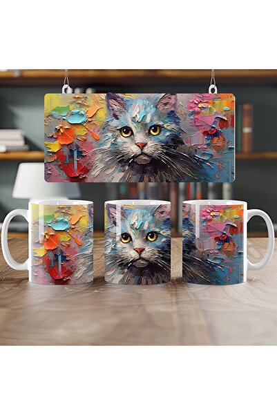 Beramussa Abstract Style Cat Figured Mug – Colorful Brush Textured Artistic D...