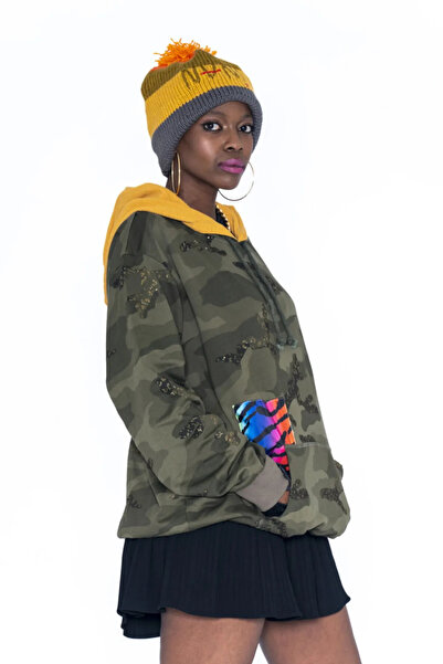 Nani Collection Simli Kamuflaj Oversize Kadın Sweatshirt (M)