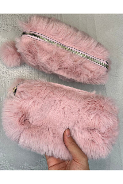 ZeCo Collection Ponponlu Peluş Pembe Kalem Kutu / Kalemlik / Toparlayıcı /Çanta
