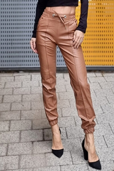 FashionForYou Marelli pants, made of -leather, with high waist, stripe and adjustable drawstring, Cream, L