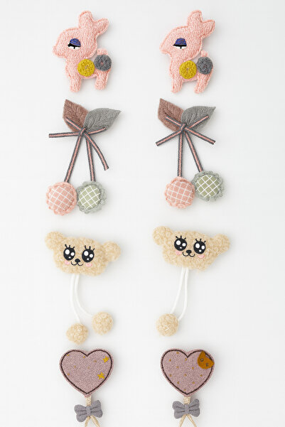 Magu Girl's Cotton Rabbit, Teddy Bear, Cherry and Heart Shaped Hair Clip Set – 8-Piece Cute Hair Accessories