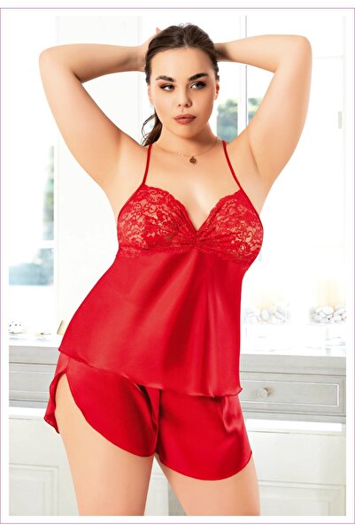 Miss Laris Lingerie 4232 Kırmızı Büyük Beden Dantelli İp Askılı Saten Şortlu Gecelik