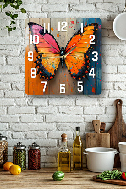 kutuTR Orange and Pink Butterfly Themed Tempered Glass Square Clock 33X33 cm Size Uv Printing - Kcs027