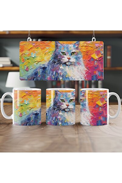 Beramussa كوب ملون بتصميم تجريدي على شكل قطة - نمط فني ذو ملمس فرشاة، كوب هدي...