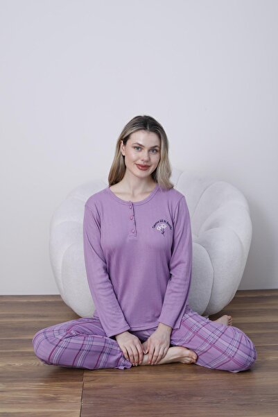 lindros Women's Cotton Button Collar Interlock Winter Pajama Set 05031 - 1 Piece