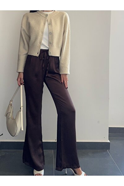 nowglamup Kahverengi Floş Saten Pantolon