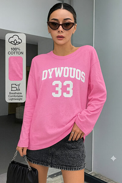 NoVibe Women's Crew Neck Oywouos Printed Oversize 100% Cotton Long Sleeve T-S...