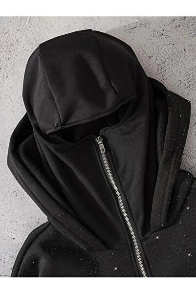 1blood Siyah Taş Parıltılı Kar Maskeli Unisex Kapüşonlu Hırka