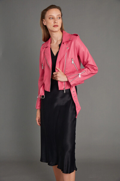 Lujiz Kadın Mont Çok Cepli Bel Kemer Detaylı Deri Mont Pembe BİR BEDEN BÜYÜK ...