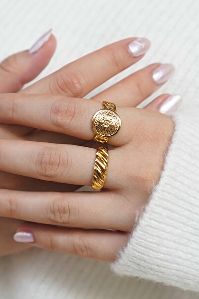 TREND COLLECTİON Kadın Altın Renk Ayarlanabilir Pusula ve Burgu Çelik Yüzük (...